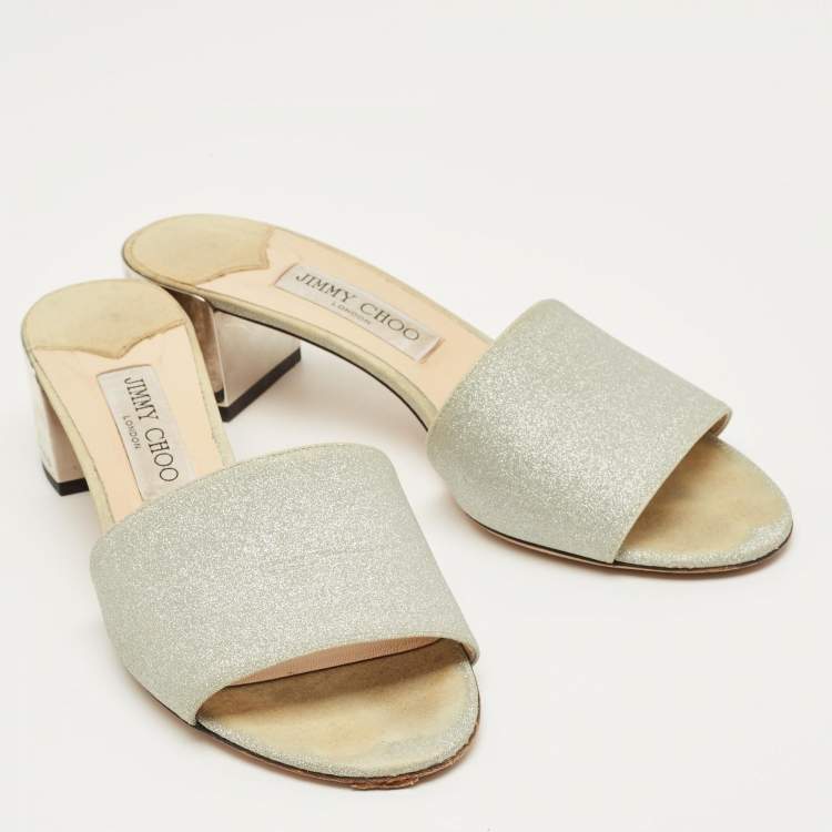 Pre Owned Jimmy Choo Silver Glitter Joni Slide Sandals Size 40