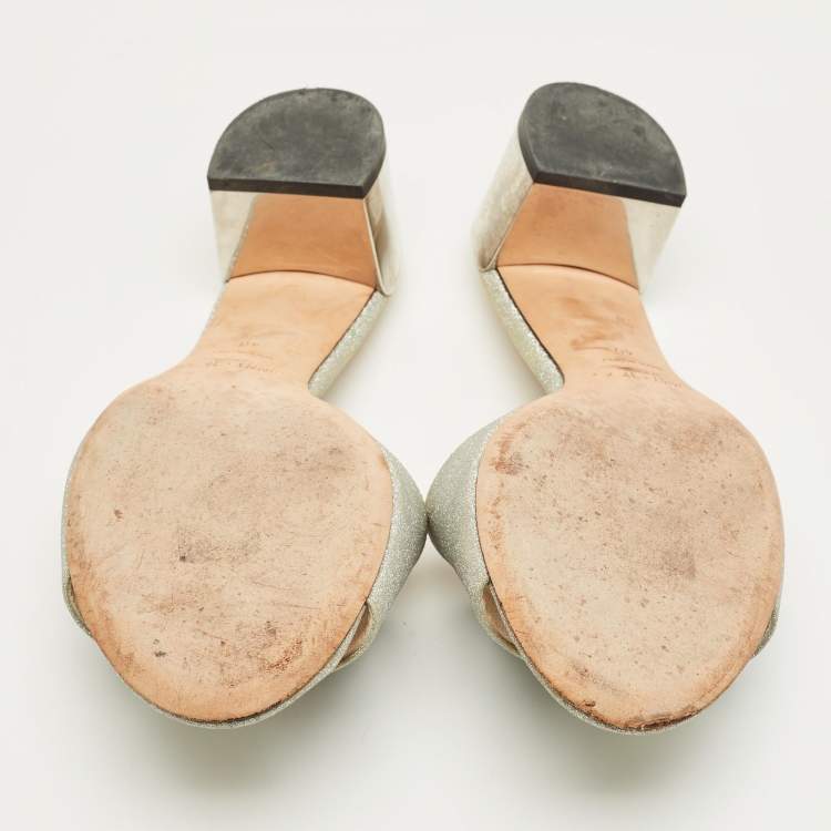 Pre Owned Jimmy Choo Silver Glitter Joni Slide Sandals Size 40