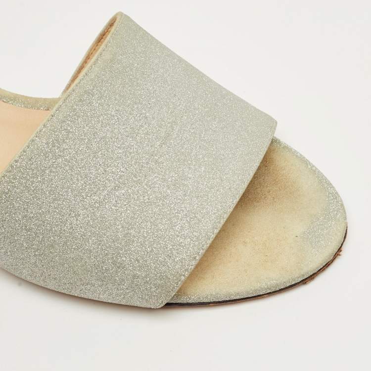 Pre Owned Jimmy Choo Silver Glitter Joni Slide Sandals Size 40
