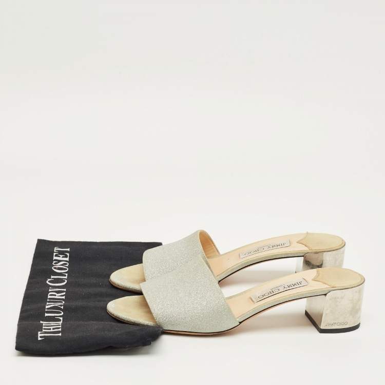 Pre Owned Jimmy Choo Silver Glitter Joni Slide Sandals Size 40