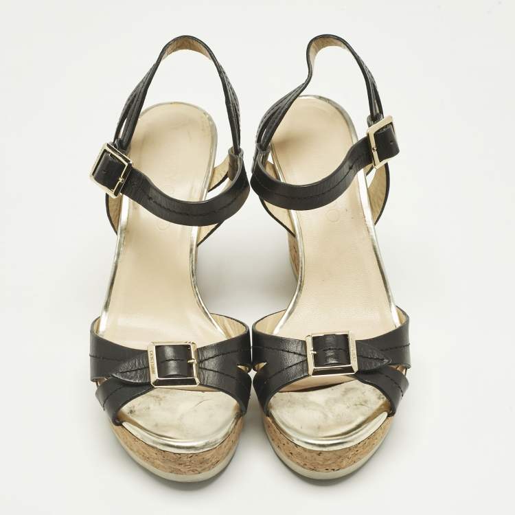 Pre Owned Jimmy Choo Black Leather Cork Ankle Strap Sandals Size 36