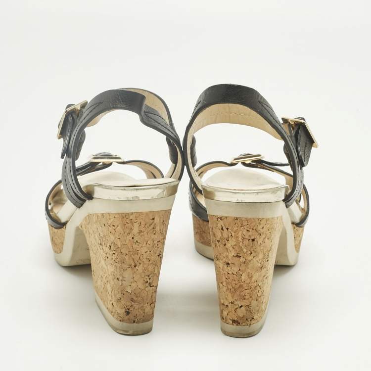 Pre Owned Jimmy Choo Black Leather Cork Ankle Strap Sandals Size 36