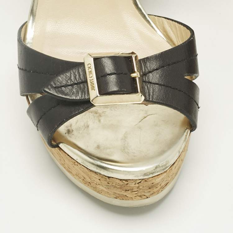 Pre Owned Jimmy Choo Black Leather Cork Ankle Strap Sandals Size 36