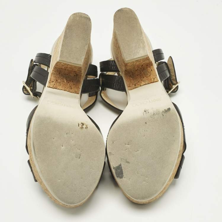 Pre Owned Jimmy Choo Black Leather Cork Ankle Strap Sandals Size 36
