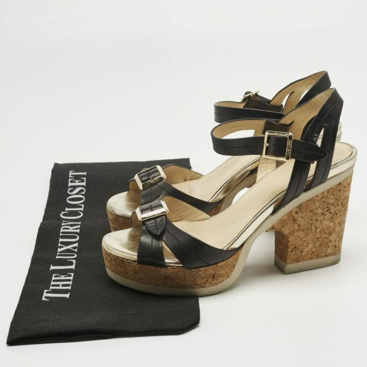 Pre Owned Jimmy Choo Black Leather Cork Ankle Strap Sandals Size 36