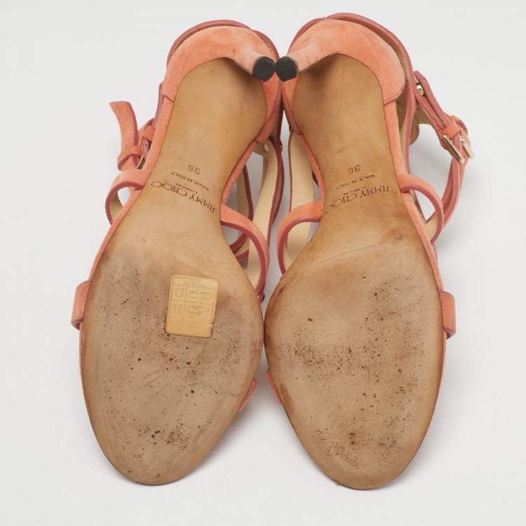 Pre Owned Jimmy Choo Orange Suede Studded Ankle Strap Sandals Size 36