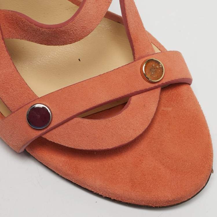 Pre Owned Jimmy Choo Orange Suede Studded Ankle Strap Sandals Size 36