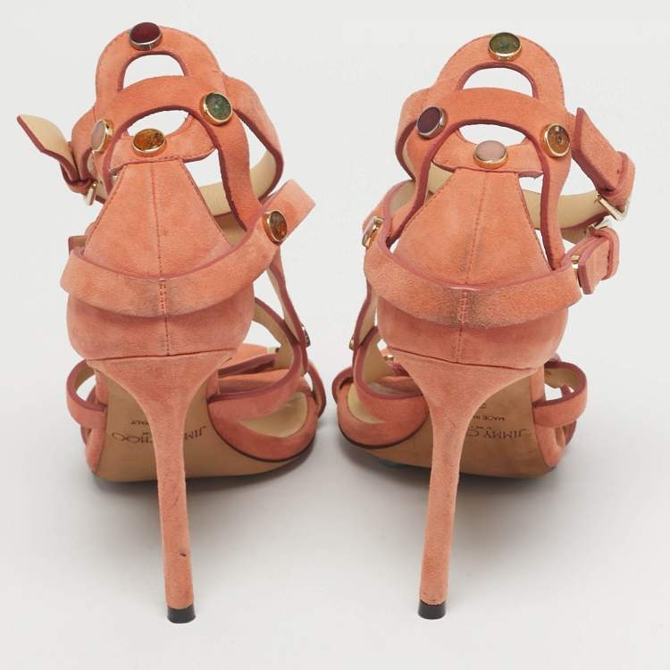 Pre Owned Jimmy Choo Orange Suede Studded Ankle Strap Sandals Size 36