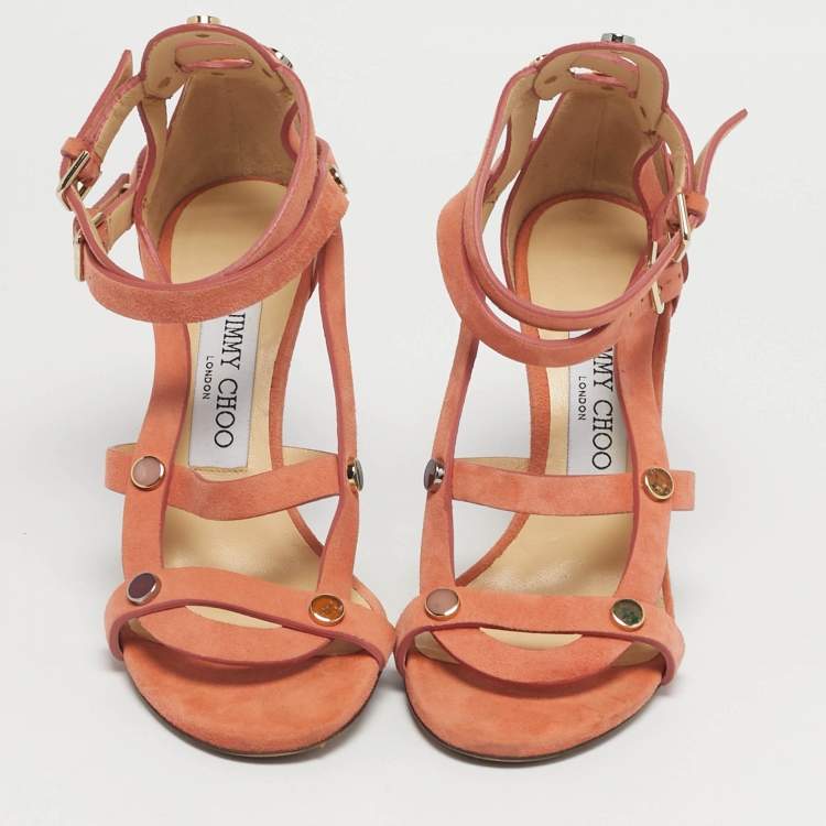 Pre Owned Jimmy Choo Orange Suede Studded Ankle Strap Sandals Size 36