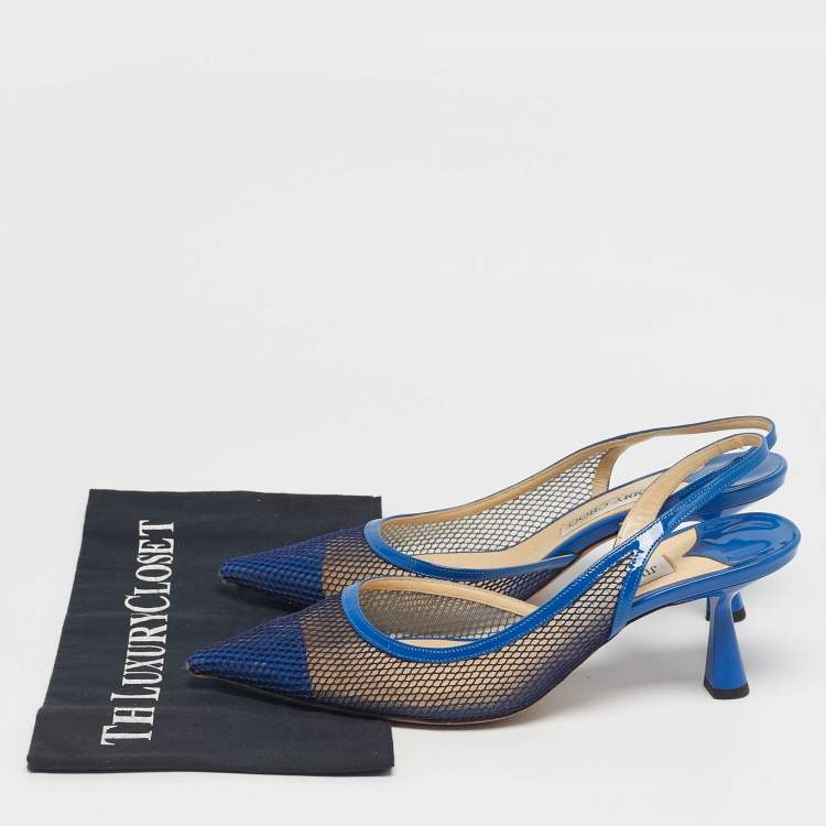 Pre Owned Jimmy Choo Blue Patent Leather And Mesh Fetto Slingback Pumps Size 40