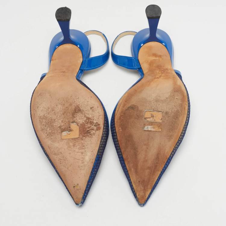 Pre Owned Jimmy Choo Blue Patent Leather And Mesh Fetto Slingback Pumps Size 40