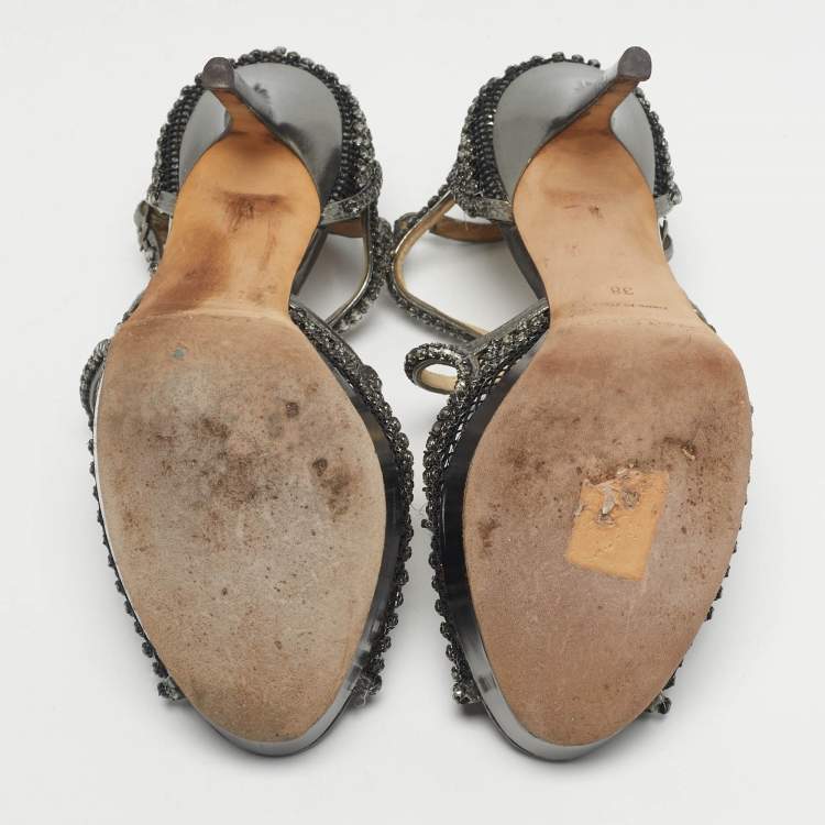 Pre Owned Jimmy Choo Metallic Silver Mesh And Leather Crystal Embellished Ankle Strap Sandals Size 38