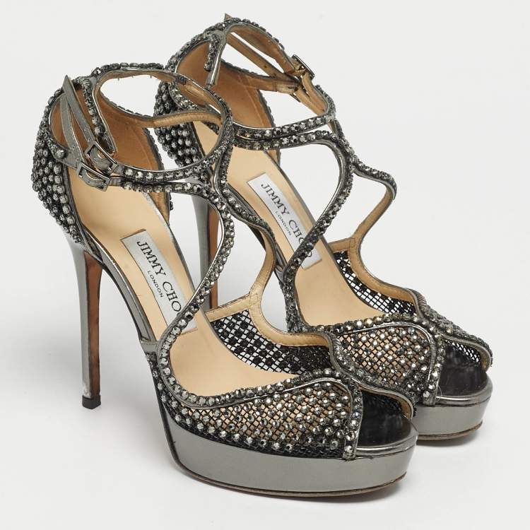 Pre Owned Jimmy Choo Metallic Silver Mesh And Leather Crystal Embellished Ankle Strap Sandals Size 38
