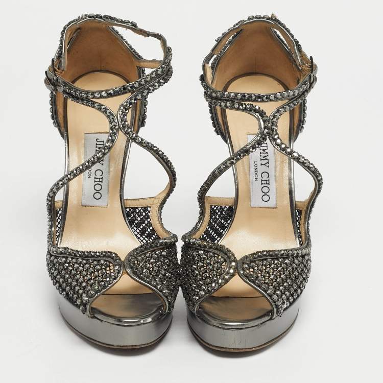 Pre Owned Jimmy Choo Metallic Silver Mesh And Leather Crystal Embellished Ankle Strap Sandals Size 38