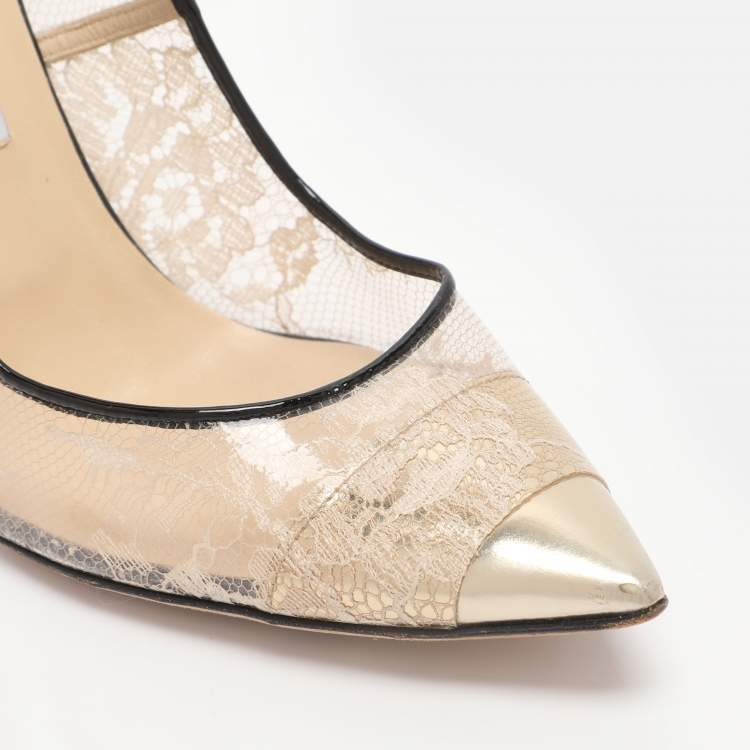 مملوكة مسبقًا Jimmy Choo Beige/Gold Patent Leather and PVC Lace Pumps Size 39