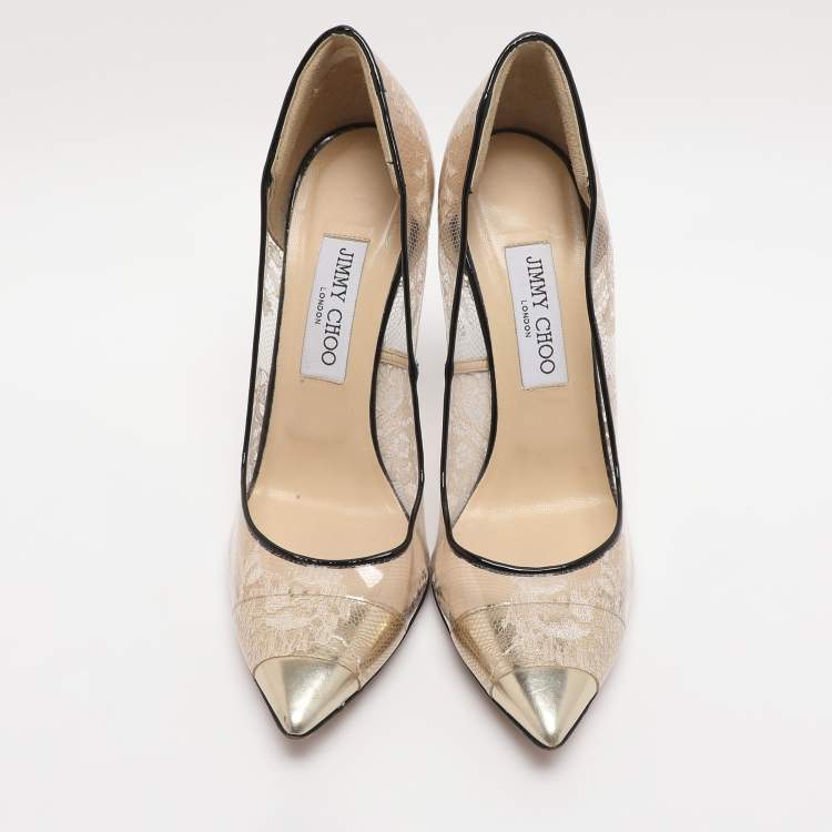 مملوكة مسبقًا Jimmy Choo Beige/Gold Patent Leather and PVC Lace Pumps Size 39
