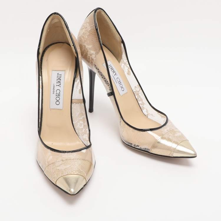مملوكة مسبقًا Jimmy Choo Beige/Gold Patent Leather and PVC Lace Pumps Size 39