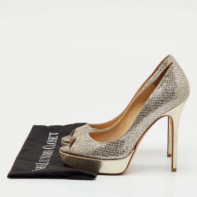 Pre Owned Jimmy Choo Metallic Gold Glitter Luna Peep Toe Platform Pumps Size 38.5