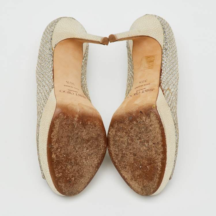 Pre Owned Jimmy Choo Metallic Gold Glitter Luna Peep Toe Platform Pumps Size 38.5