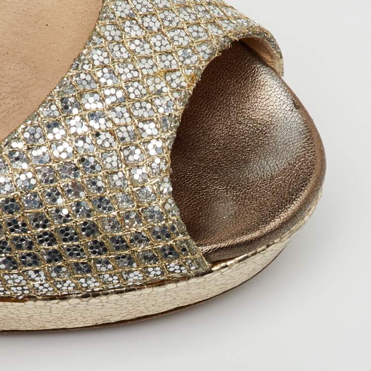 Pre Owned Jimmy Choo Metallic Gold Glitter Luna Peep Toe Platform Pumps Size 38.5