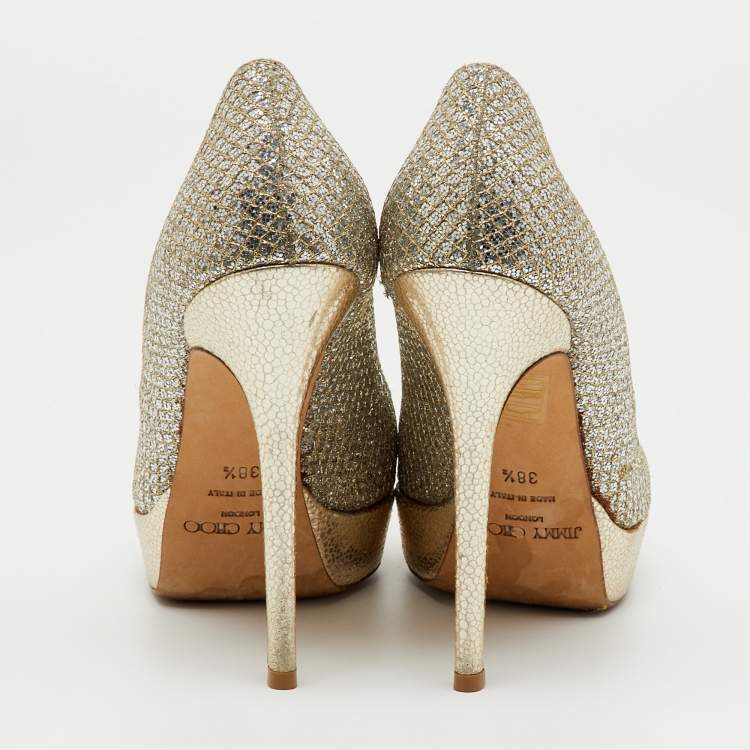 Pre Owned Jimmy Choo Metallic Gold Glitter Luna Peep Toe Platform Pumps Size 38.5