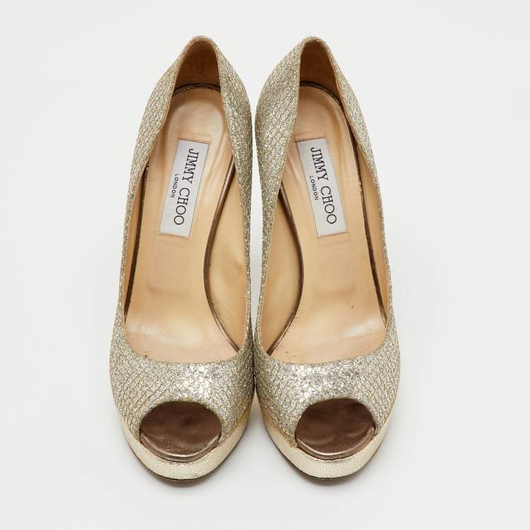 Pre Owned Jimmy Choo Metallic Gold Glitter Luna Peep Toe Platform Pumps Size 38.5