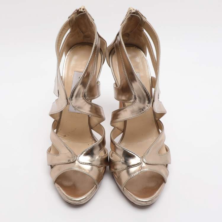 Pre Owned Jimmy Choo Gold Leather Ankle Strap Sandals Size 35