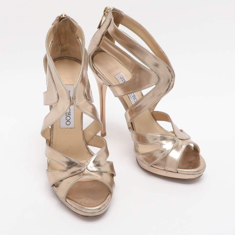 Pre Owned Jimmy Choo Gold Leather Ankle Strap Sandals Size 35