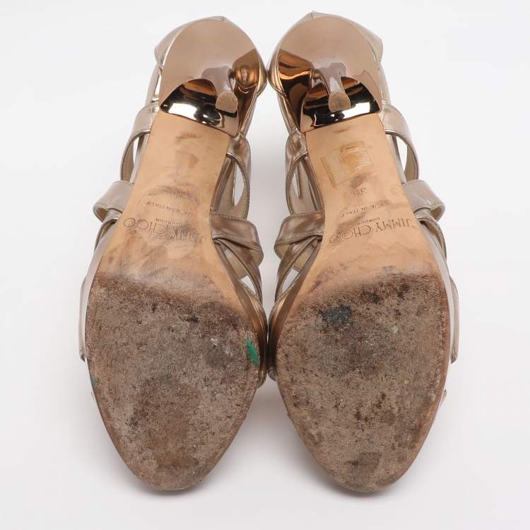 Pre Owned Jimmy Choo Gold Leather Ankle Strap Sandals Size 35