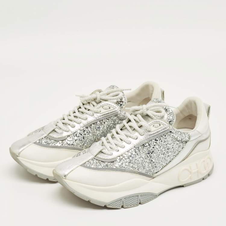 Pre Owned Jimmy Choo Silver Glitter and Leather Raine Lace Up Sneakers Size 41