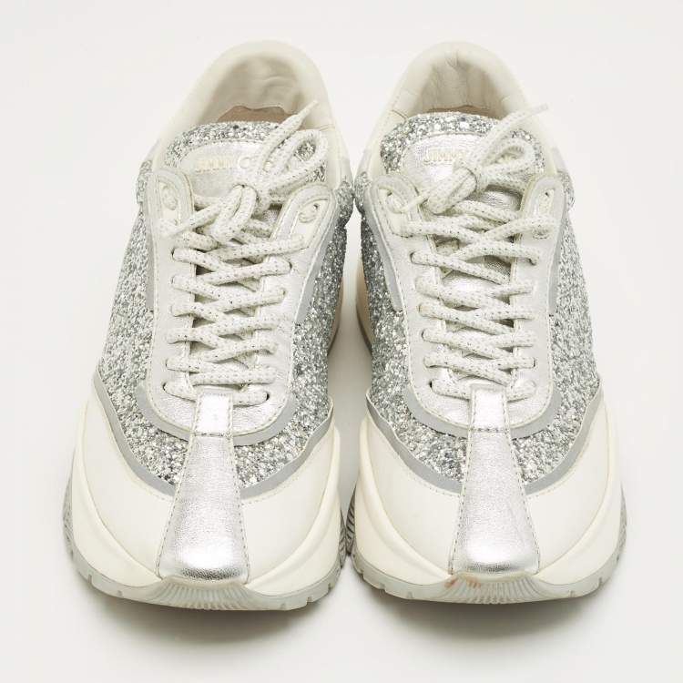 Pre Owned Jimmy Choo Silver Glitter and Leather Raine Lace Up Sneakers Size 41