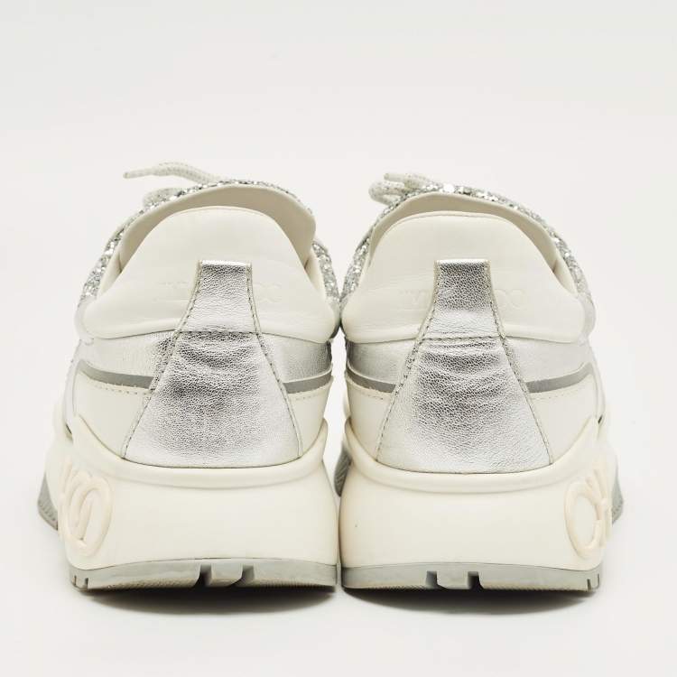 Pre Owned Jimmy Choo Silver Glitter and Leather Raine Lace Up Sneakers Size 41