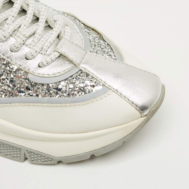 Pre Owned Jimmy Choo Silver Glitter and Leather Raine Lace Up Sneakers Size 41