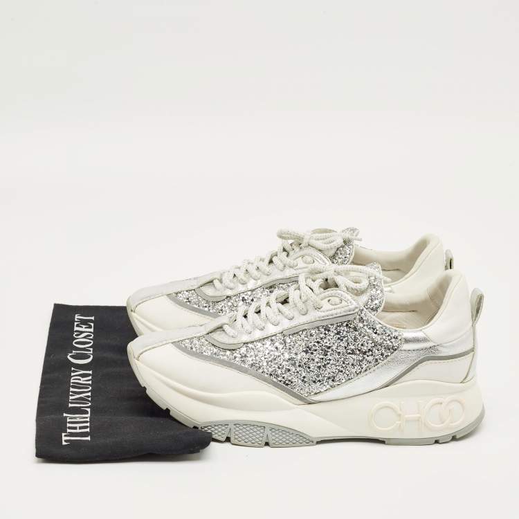 Pre Owned Jimmy Choo Silver Glitter and Leather Raine Lace Up Sneakers Size 41