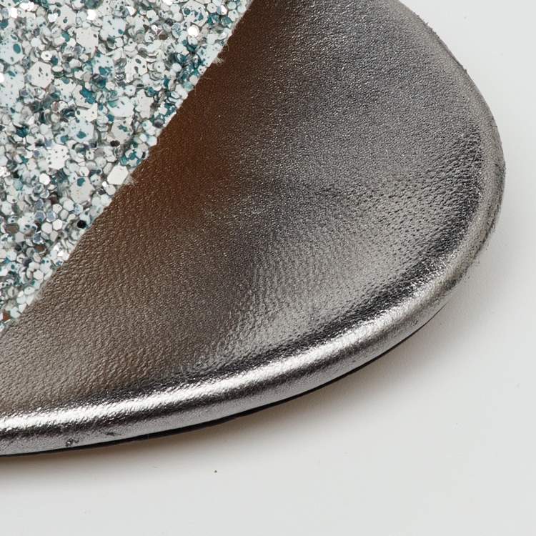 Pre Owned Jimmy Choo Metallic Silver Glitter Bitter Ankle Strap Sandals Size 36