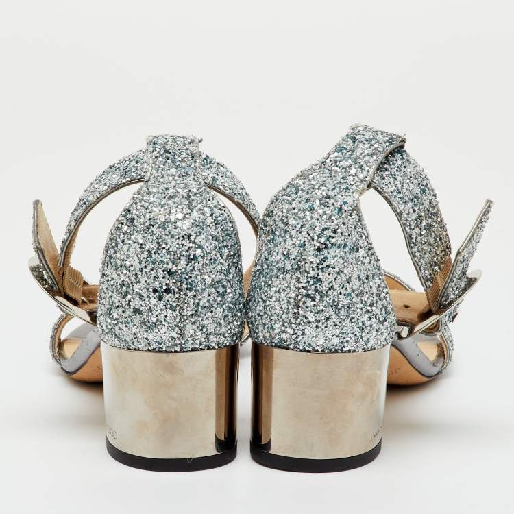 Pre Owned Jimmy Choo Metallic Silver Glitter Bitter Ankle Strap Sandals Size 36