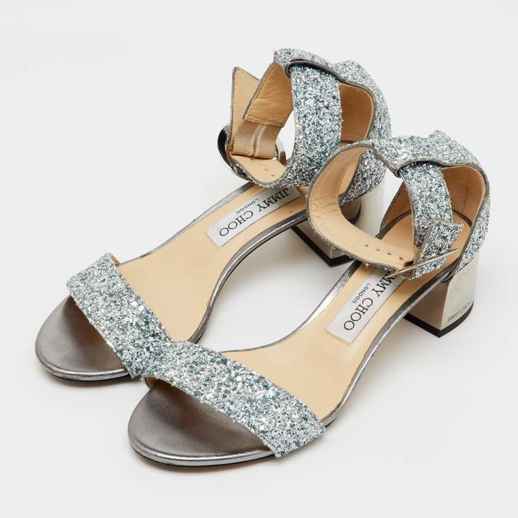 Pre Owned Jimmy Choo Metallic Silver Glitter Bitter Ankle Strap Sandals Size 36