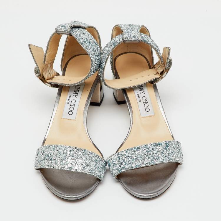 Pre Owned Jimmy Choo Metallic Silver Glitter Bitter Ankle Strap Sandals Size 36