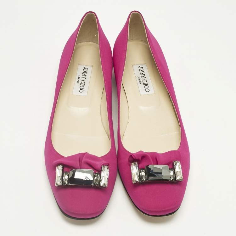 Pre Owned Jimmy Choo Pink Satin Crystal Embellish round Toe Ballet Flats Size 41