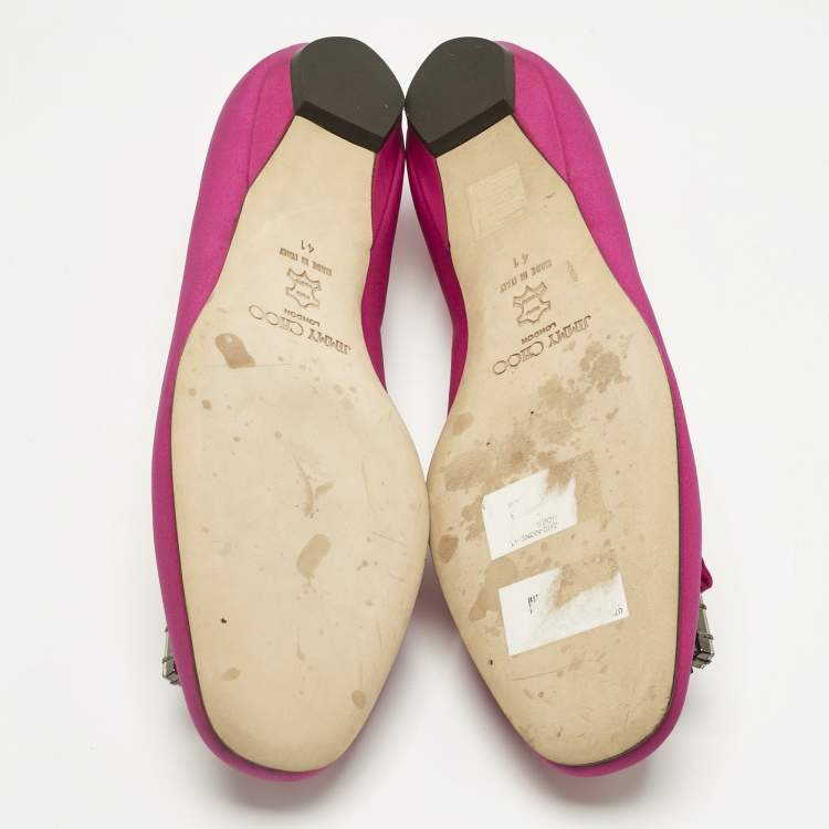 Pre Owned Jimmy Choo Pink Satin Crystal Embellish round Toe Ballet Flats Size 41