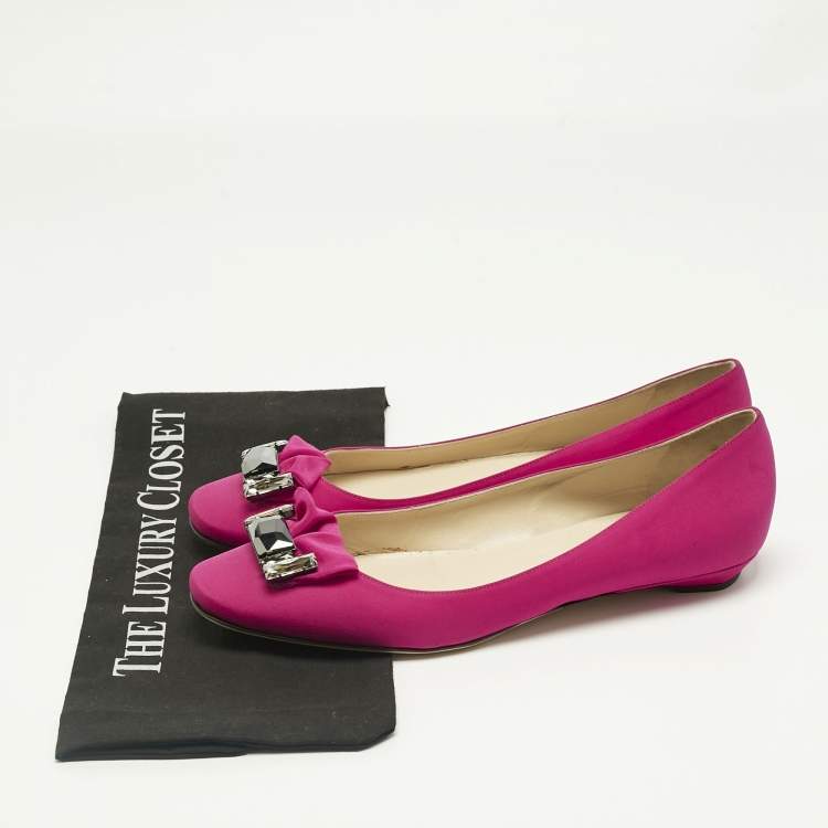 Pre Owned Jimmy Choo Pink Satin Crystal Embellish round Toe Ballet Flats Size 41
