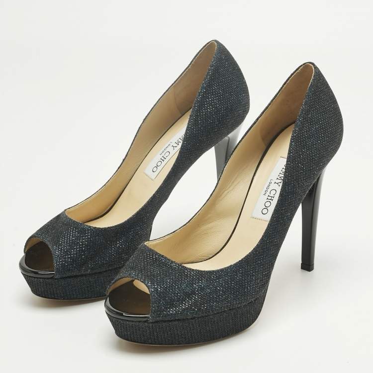 Pre Owned Jimmy Choo Navy Blue Glitter Luna Peep Toe Platform Pumps Size 40