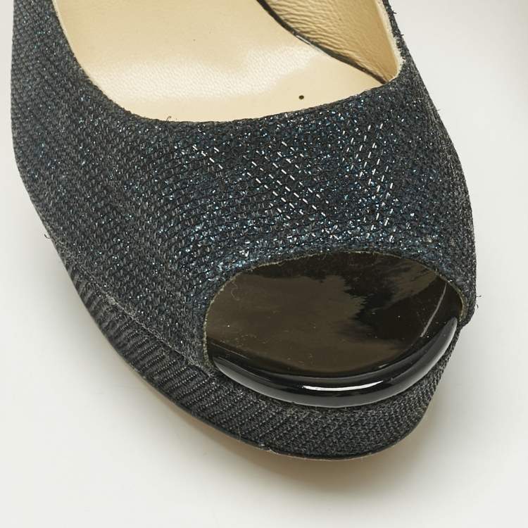 Pre Owned Jimmy Choo Navy Blue Glitter Luna Peep Toe Platform Pumps Size 40
