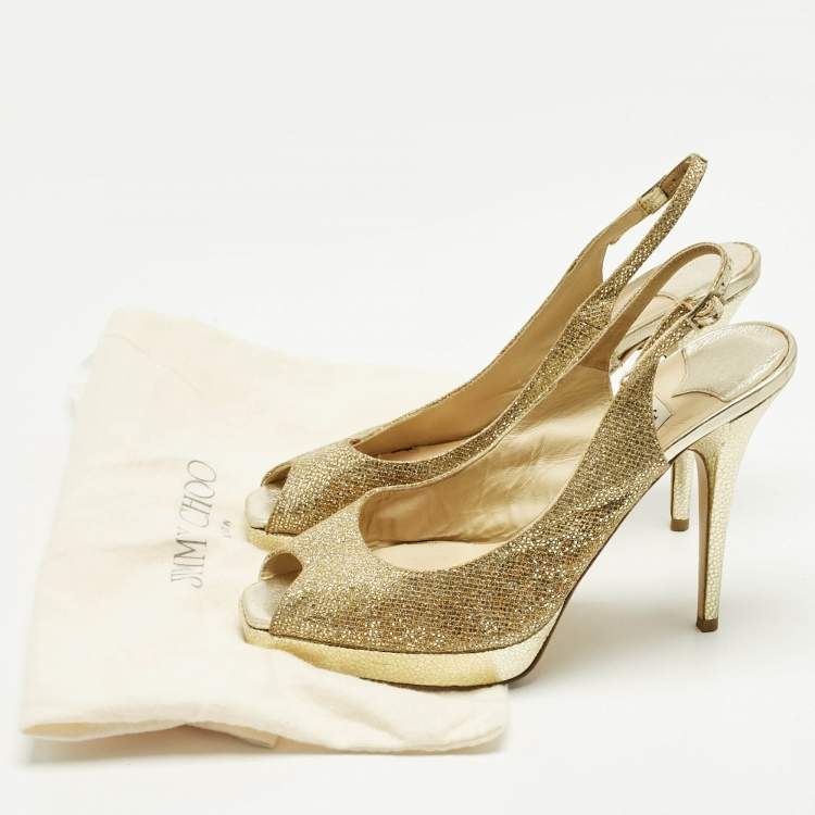 Pre Owned Jimmy Choo Gold Glitter Verity Peep Toe Slingback Pumps Size 40