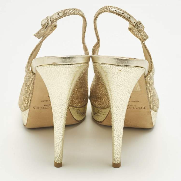 Pre Owned Jimmy Choo Gold Glitter Verity Peep Toe Slingback Pumps Size 40
