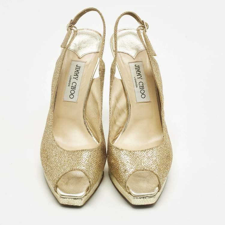 Pre Owned Jimmy Choo Gold Glitter Verity Peep Toe Slingback Pumps Size 40
