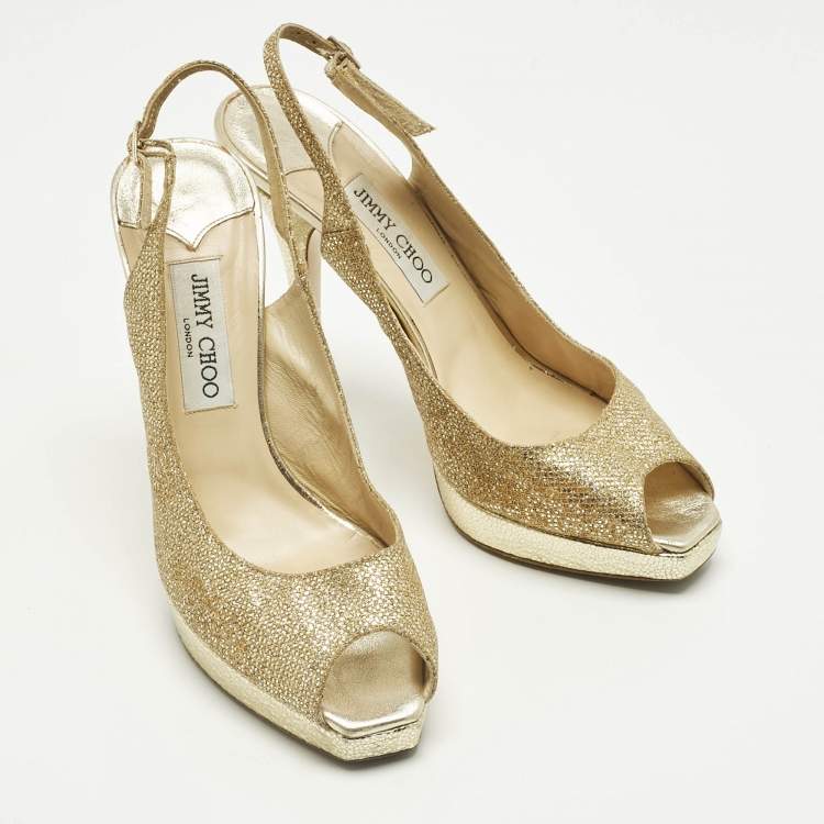 Pre Owned Jimmy Choo Gold Glitter Verity Peep Toe Slingback Pumps Size 40