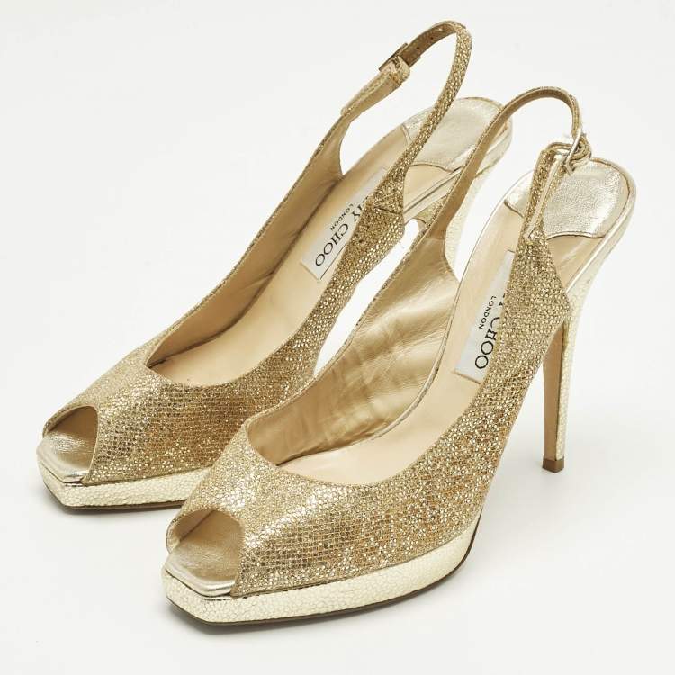 Pre Owned Jimmy Choo Gold Glitter Verity Peep Toe Slingback Pumps Size 40