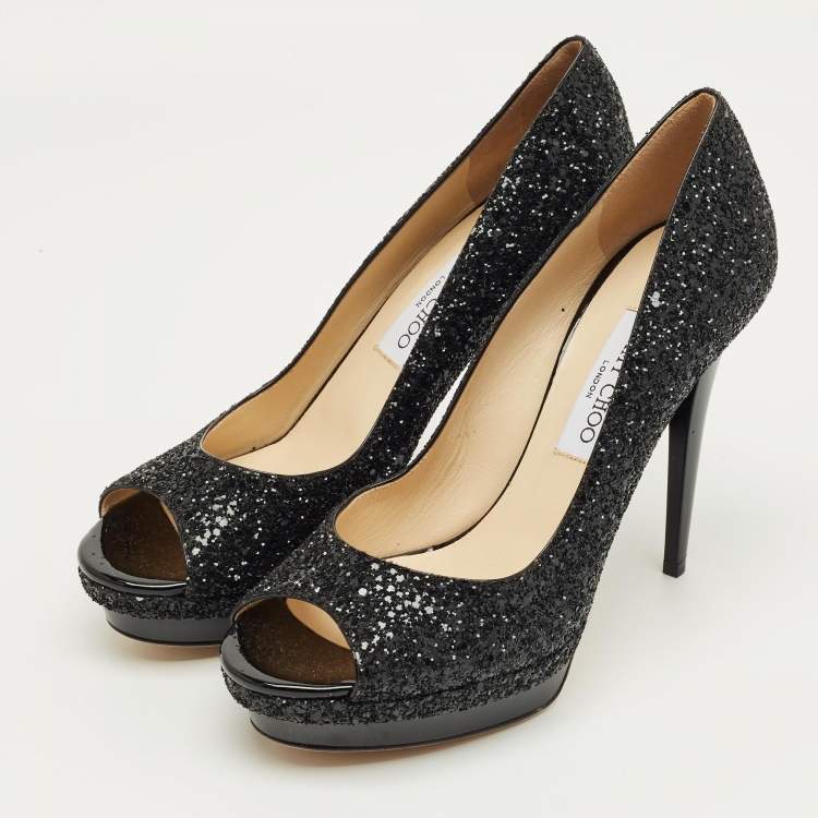 Pre Owned Jimmy Choo Black Glitter Luna Platform Open Toe Pumps Size 40