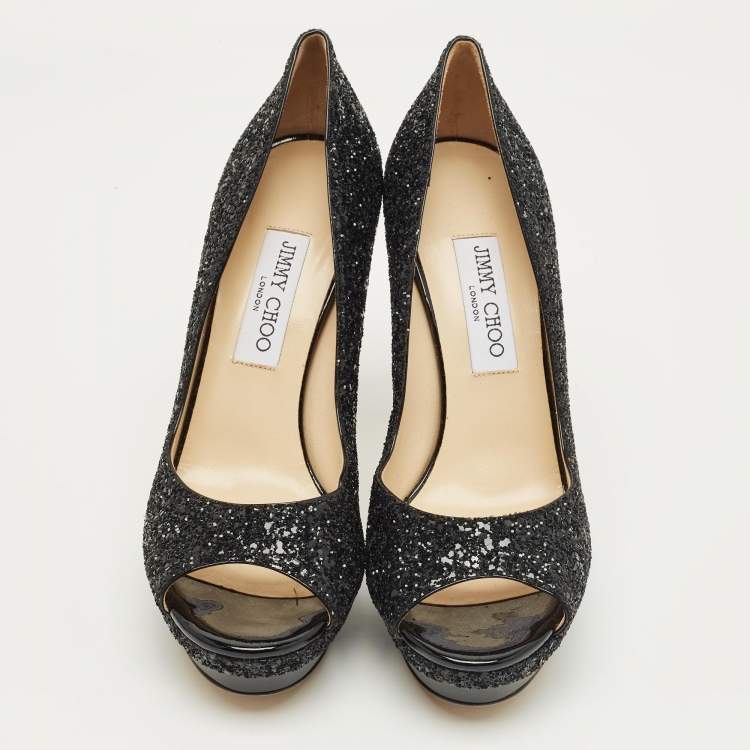 Pre Owned Jimmy Choo Black Glitter Luna Platform Open Toe Pumps Size 40
